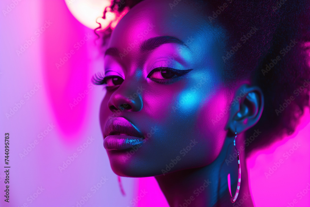 A stunning portrait of an African American woman illuminated by vibrant pink and blue lights, highlighting her striking features and glossy lips. A stunning portrait of an African American woman illuminated by vibrant pink and blue lights, highlighting her striking features and glossy lips.