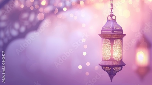 Traditional Ramadan lanterns glowing warmly, suspended in a mystical atmosphere with a bokeh of sparkling lights, evoking the spirit of the holy month.