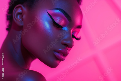 Sensual Afro-American woman with neon pink lighting, showcasing bold makeup and a contemplative expression.