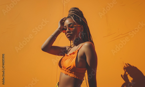 Trendy black woman with braids in orange bikini top against a monochrome background, casting a stylish shadow.