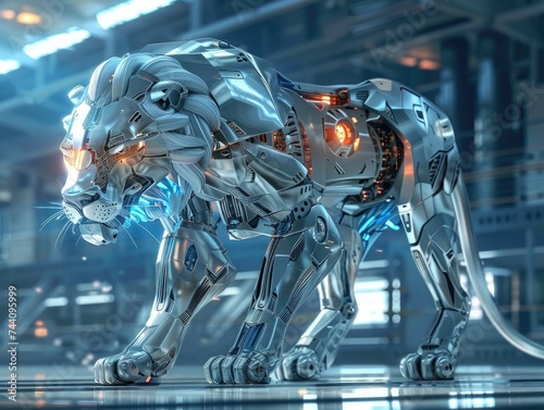 Futuristic robot lion metal gleaming poised to roar in a high tech arena showcasing power and threat