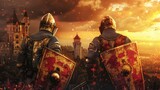 Sunset duel of armored knights vibrant colors reflecting off shields a castle backdrop