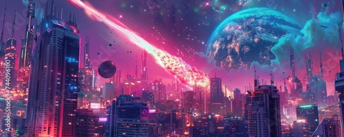 Sci fi inspired cityscape with a futuristic meteor event blending urban life with cosmic phenomena photo