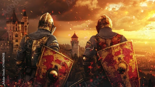 Sunset duel of armored knights vibrant colors reflecting off shields a castle backdrop