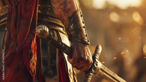 The silent strength of a Roman warrior close up on the grip of a sword ready for the fray