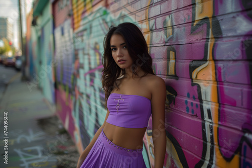 A contemplative woman in a strapless purple top and skirt leans against a graffiti-splashed wall, her gaze reflective amidst the urban art.