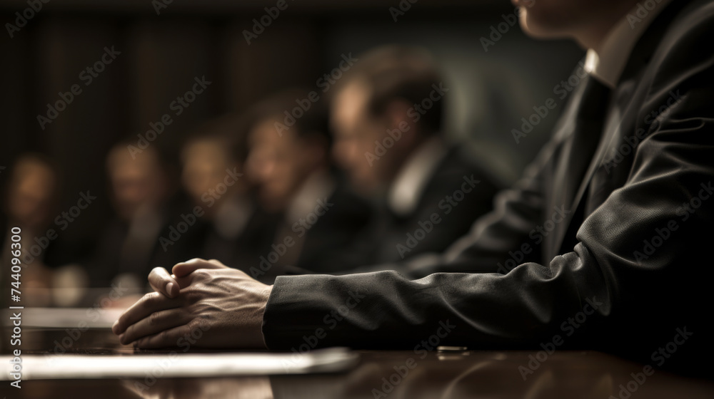 A row of professionals sitting in a business meeting with focus on clasped hands, portraying a sense of teamwork and cooperation in a corporate environment.