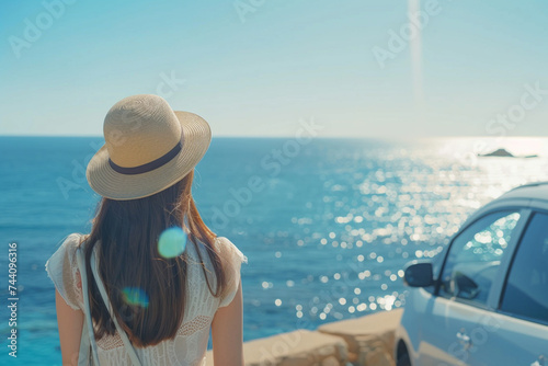 girl near the car against the backdrop of the sea. generative ai