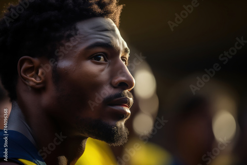 An intense side profile of an athlete, his gaze set in the distance, focused and determined, with a blurred stadium crowd in the warm evening light.