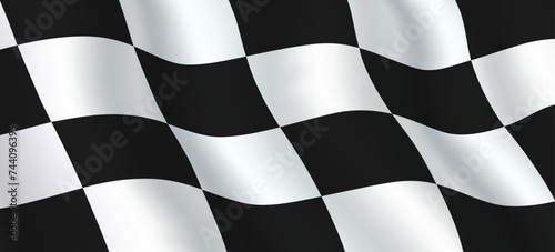 Waving checkered flag with black and white squares pattern, vector background.