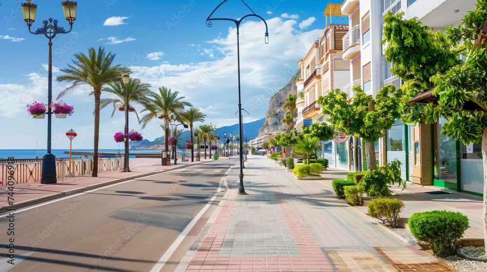 Obraz premium Palm Trees Along the road on the coastline in sunshine