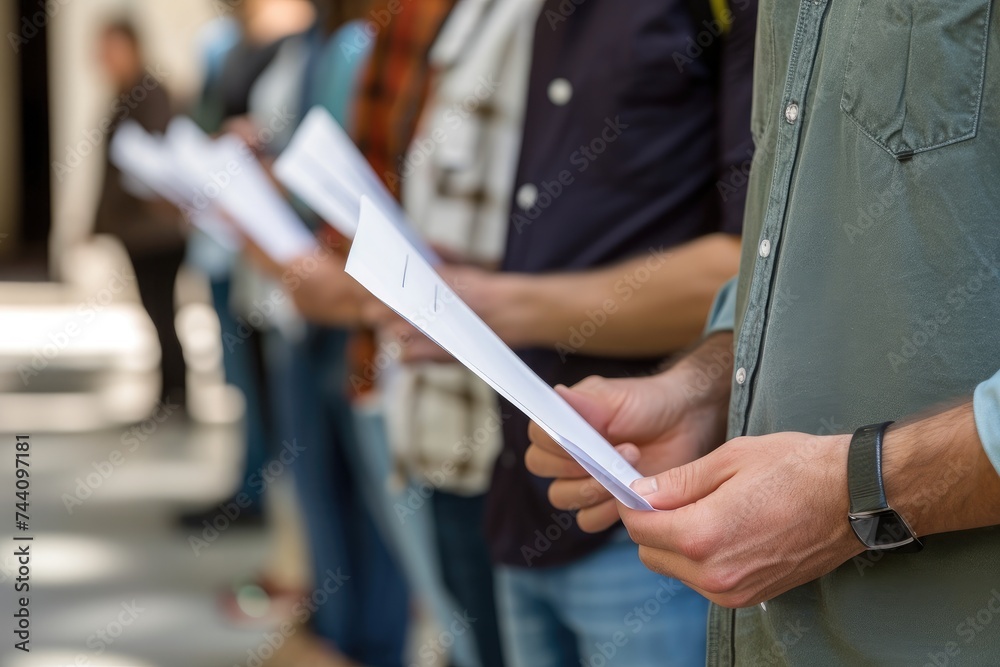 Obraz premium A group of men standing next to each other, holding papers, engaged in a meeting, People in a long queue holding tax documents during tax season, AI Generated