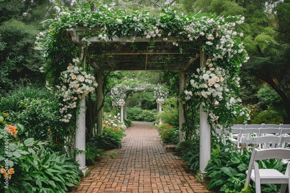 A garden featuring a brick walkway surrounded by neatly arranged white chairs, Botanical garden wedding with lush green scenery and fragrant floral arrangements, AI Generated