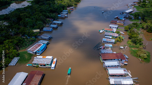 Panoramic aerial view of the Catalão community, made up of floating houses based on the venacular architecture of the peoples of the Brazilian Amazon, near the city of Manaus (AM). photo