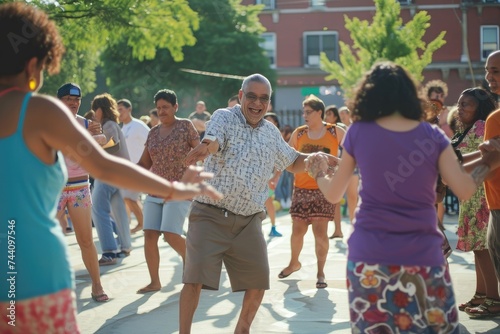 A lively group of individuals dancing joyfully on a bustling urban sidewalk, People of all ages dancing and having fun at a block party, AI Generated