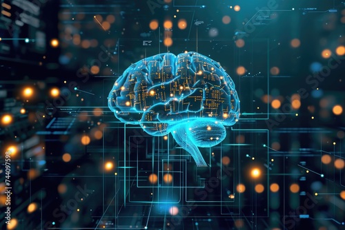 This computer-generated image depicts the structure and complexity of a human brain, Brain-computer interface technology with neural signals transmission, AI Generated