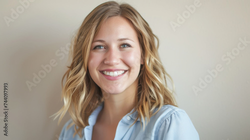 A cheerful woman with wavy hair and freckles smiles warmly, wearing a casual denim shirt against a light background.