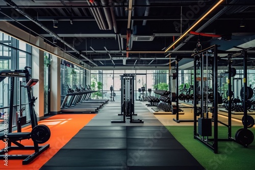 A bustling gym packed with rows of treadmills, weightlifting machines, stationary bikes, and other exercise equipment, Personal training corner in a gym with a professional, AI Generated