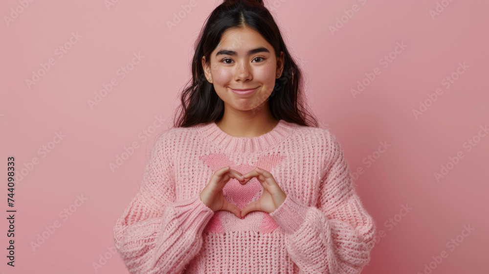 A woman in a pink knitted sweater makes a heart shape with her hands, smiling warmly in a studio setting with a matching pink background. A woman in a pink knitted sweater makes a heart shape with her hands, smiling warmly in a studio setting with a matching pink background.