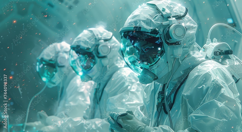 A team of scientists clad in sterile white gear cautiously explores a desolate, post-apocalyptic landscape, searching for signs of life amidst the ruins A team of scientists clad in sterile white gear cautiously explores a desolate, post-apocalyptic landscape, searching for signs of life amidst the ruins