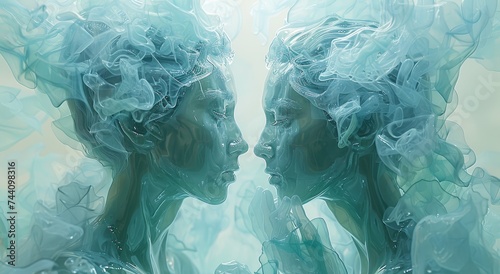 An ethereal painting captures the fluid bond between two faces, submerged in a tranquil aqua world of art and emotion
