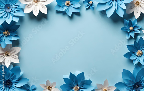 Baby Blue Color Background With A Large Empty Space In The Center Silhouettes Of Beautiful Origami Flowers, A stunning background showcases a curated collection of beautiful blue flowers