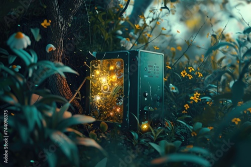 A green box with lights stands prominently amidst the trees in a dense forest, Personify a network attached storage device in a whimsical setting, AI Generated photo