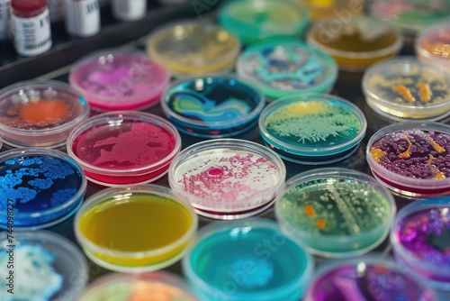 A detailed capture of several different vibrant colors and textures of paint, Petri dishes filled with vibrant bacteria cultures, AI Generated