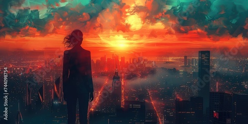 As the fiery sun sets behind the towering skyscrapers, a lone woman stands in front of the bustling city, her silhouette framed by the billowing clouds, a sense of determination and strength radiatin