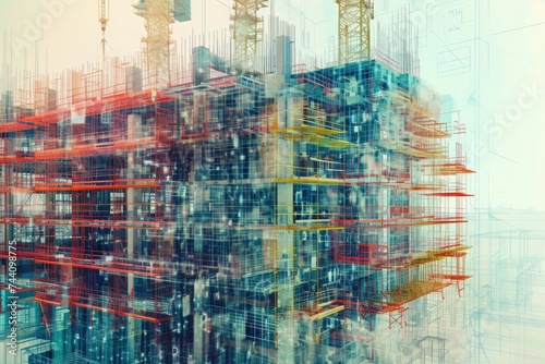 A Large Building With Red and Yellow Scaffolding  Building construction process represented through innovative data visualization  AI Generated