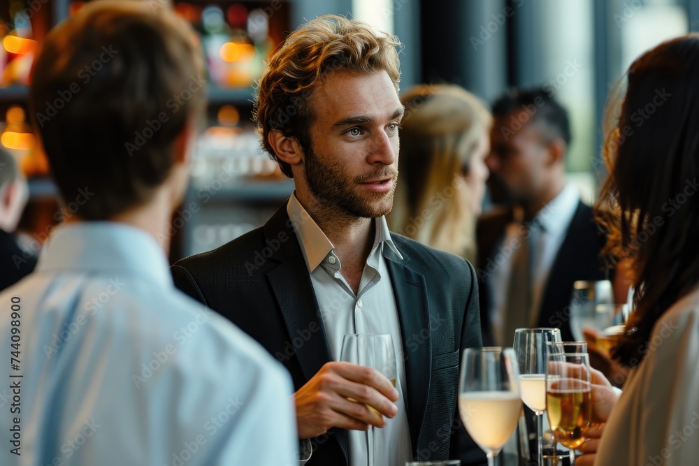 A diverse group of people is seated at a table, each holding a wine glass and engaged in conversation, Business professionals enjoying a networking event with cocktails, AI Generated