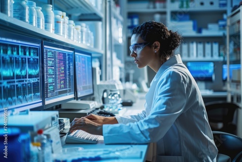 A focused woman is seen diligently working on a computer in a well-equipped laboratory setting, Pharmacist using machine learning technology to make precision drugs, AI Generated