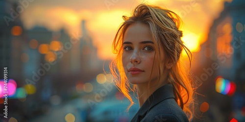 A fiery-haired woman stands confidently in the bustling city streets, her striking portrait illuminated by the blurred lights of the urban landscape