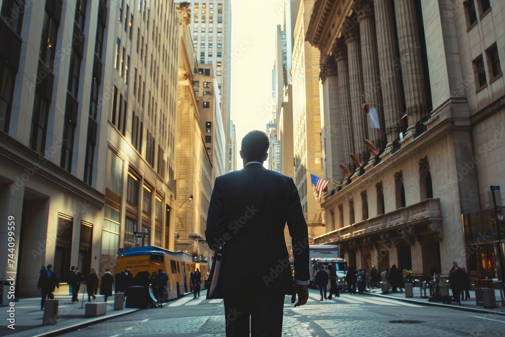 Man in a Suit Walking Down the Street, Businessman in a suit walking through a bustling financial district, AI Generated Man in a Suit Walking Down the Street, Businessman in a suit walking through a bustling financial district, AI Generated