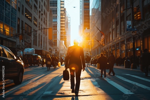 A man walks down a bustling city street, surrounded by tall buildings and busy pedestrians, Businessman in a suit walking through a bustling financial district, AI Generated