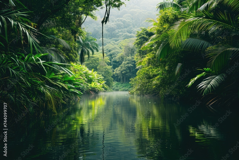 A vast body of water framed by a lush expanse of green trees, creating a majestic and serene natural setting, Picture of a river in the middle of a lush, tropical rainforest, AI Generated