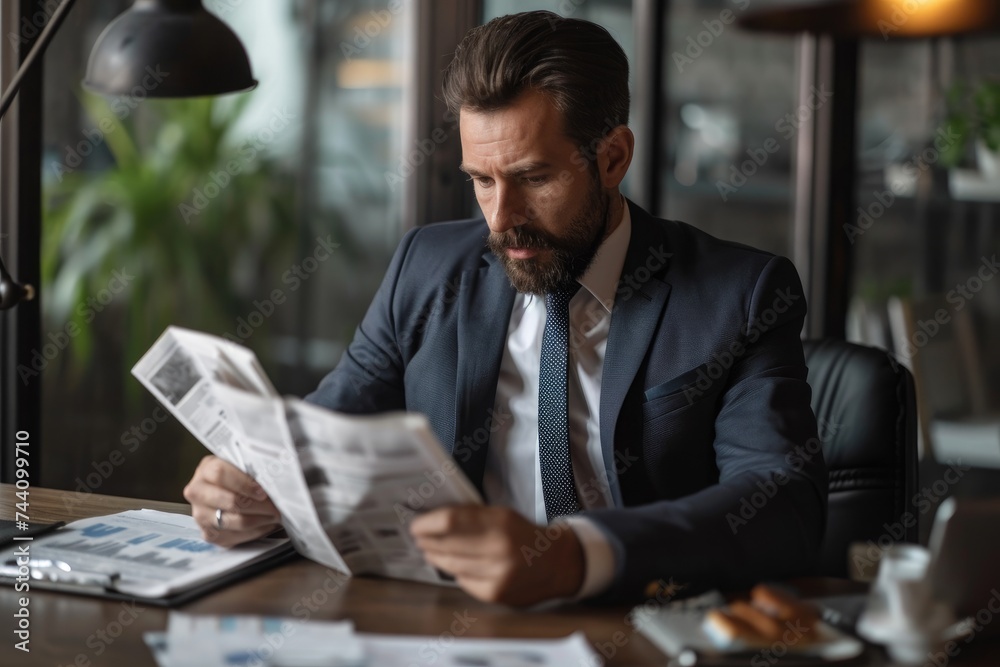 A man is seen sitting at a table, engrossed in reading a newspaper, Businessman reading a financial newspaper in his office, AI Generated A man is seen sitting at a table, engrossed in reading a newspaper, Businessman reading a financial newspaper in his office, AI Generated