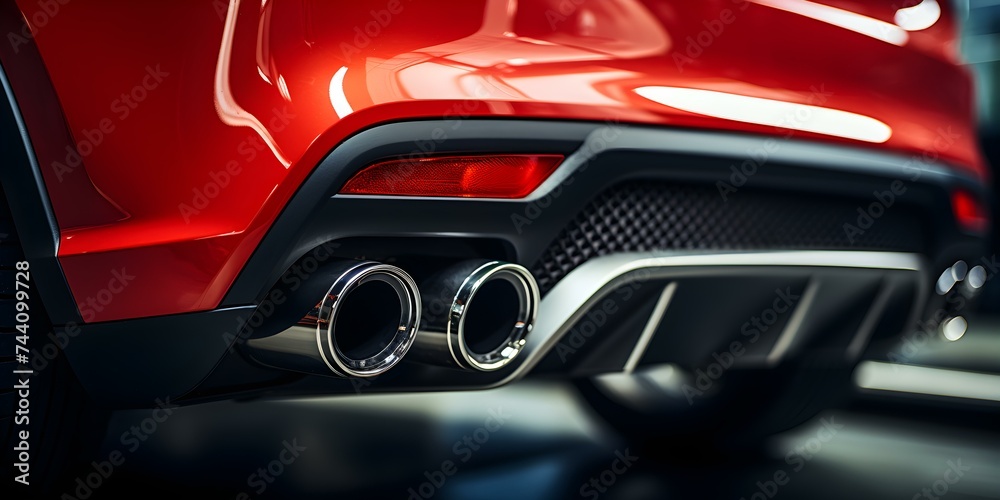 Closeup of luxury cars exhaust pipe and leather interior details. Concept Luxury Cars, Exhaust Pipe, Leather Interior, Closeup Details