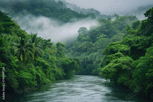 A river meandering through dense foliage and vibrant greenery in a serene forest setting, Picture of a river in the middle of a lush, tropical rainforest, AI Generated