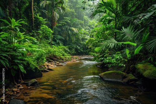 A meandering stream cuts through a dense forest  showcasing the vibrant green foliage and the movement of water  Picture of a river in the middle of a lush  tropical rainforest  AI Generated