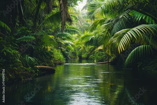 A crystal-clear river winds its way through a dense green forest, creating a picturesque scene of natural beauty, Picture of a river in the middle of a lush, tropical rainforest, AI Generated