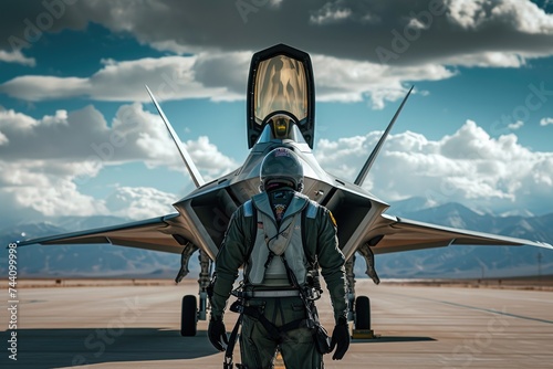 A powerful fighter jet is stationed on the airport tarmac, ready for action, Pilot preparing to board a high-speed interceptor jet, AI Generated