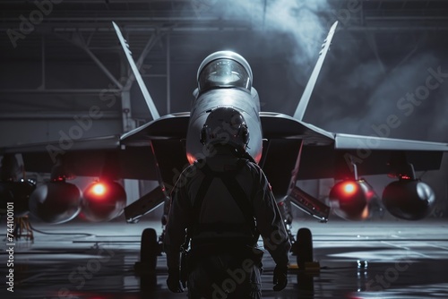 A fighter jet is seen parked atop an airport tarmac, ready for takeoff, Pilot preparing to board a high-speed interceptor jet, AI Generated