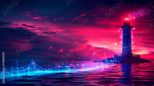 Futuristic lighthouse with glowing neon lights and digital connections over a reflective water surface at twilight