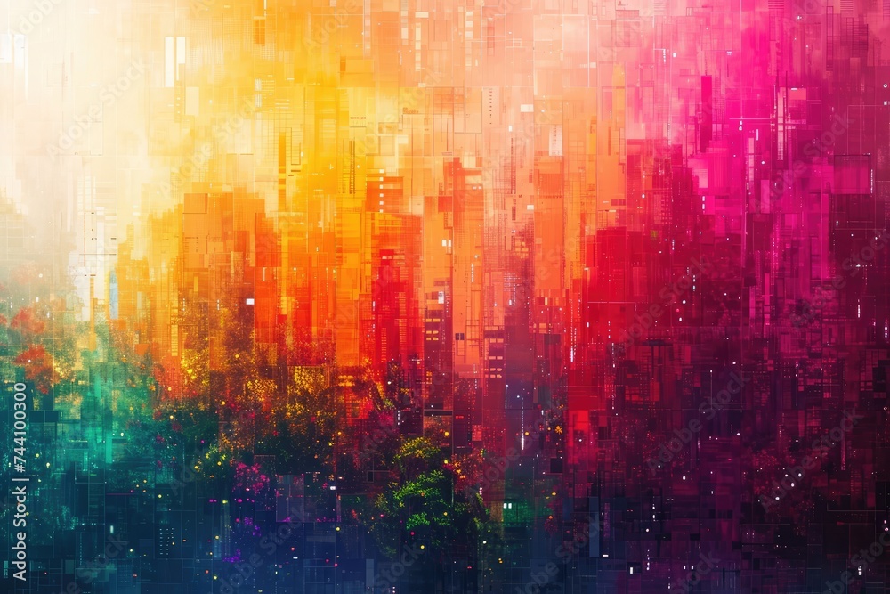 A dynamic and lively cityscape filled with colorful lines and dots, creating a visually captivating scene, Pixelated rainbow gradients reflecting a modern, digital world, AI Generated A dynamic and lively cityscape filled with colorful lines and dots, creating a visually captivating scene, Pixelated rainbow gradients reflecting a modern, digital world, AI Generated