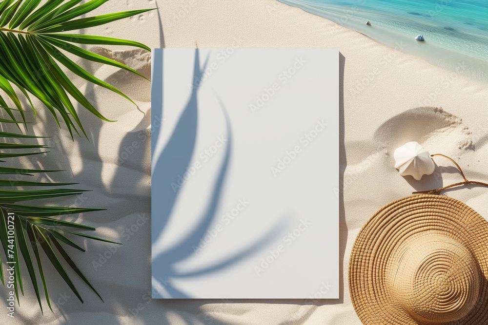 mockup of a blank cover white poster sign with a beach summer vacation background - obrazy, fototapety, plakaty 