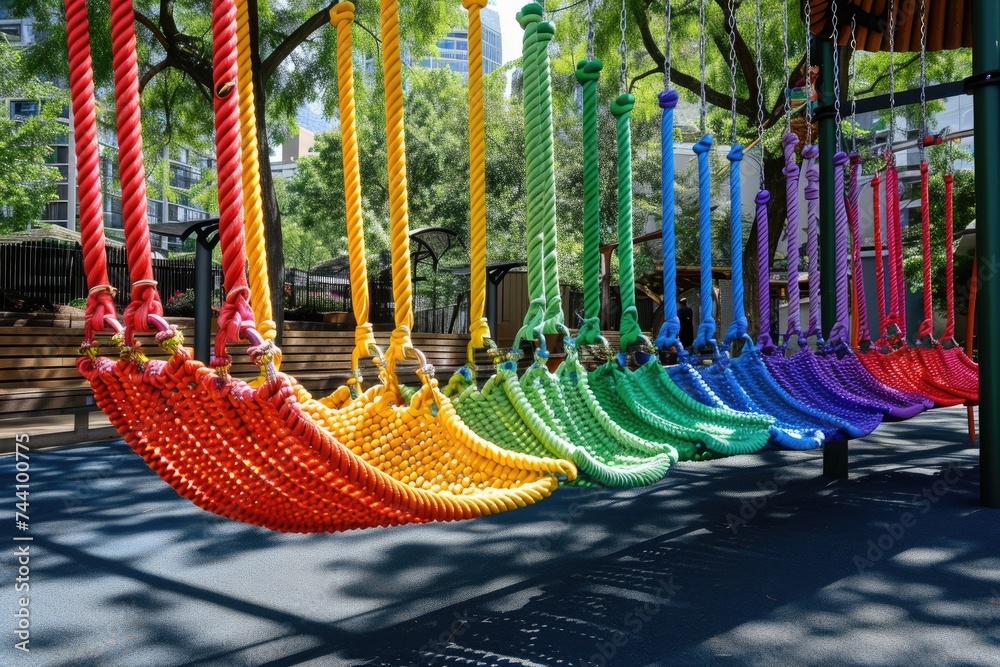 A row of vibrant ropes suspended from the branches of a tree, creating ...