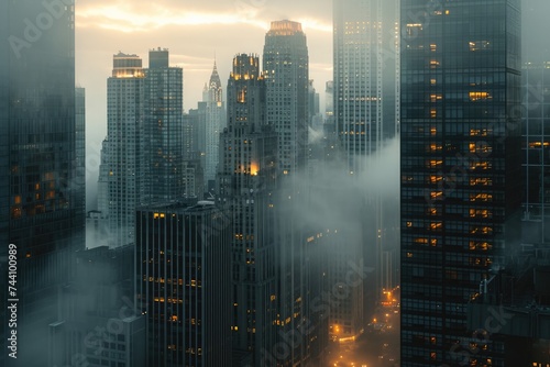 A misty fog envelops a bustling cityscape dominated by towering skyscrapers, Poetic representation of city skyscrapers caressed by the early morning fog, AI Generated