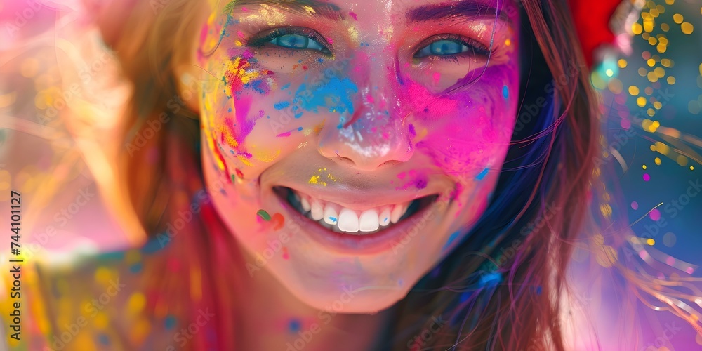 Smiling woman covered in vibrant paint celebrates at holi festival. Concept Holi Festival, Colorful Celebration, Woman Portrait, Outdoor Photoshoot, Vibrant Paint