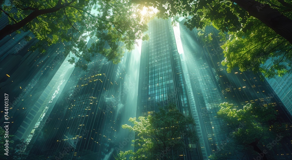 A majestic forest stands tall and proud, basking in the warm sunlight as it peeks through the lens flare, casting a heavenly glow on the towering buildings in the background